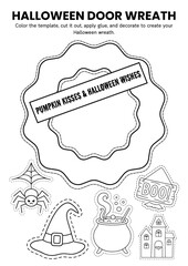 Halloween Door Wreath Coloring Craft Templates for Kids, Fun DIY Template for Classroom Activity, Spooky Party Decor, and Creative Halloween Art