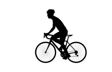 Silhouette side view of sportsman riding a bicycle in helmet and sportswear, cycling concept