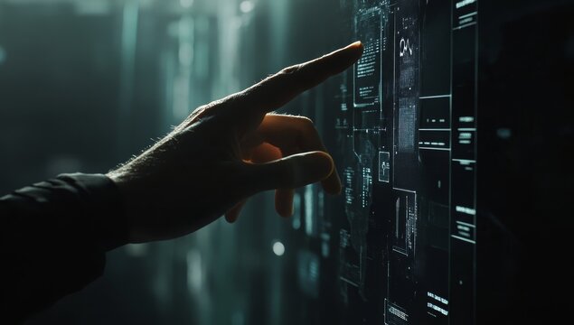 A human hand reaching or pointing towards an AI robot's digital interface, symbolizing the connection between humans and technology in futuristic design - Powered by Adobe