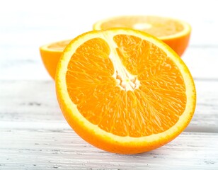 Halved oranges on white wood surface