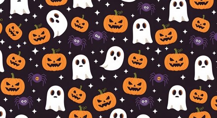 Halloween Pattern with Ghosts Pumpkins and Spiders on Dark Background