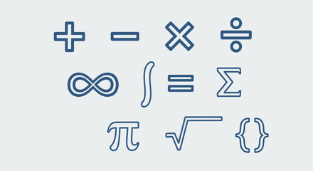 Collection of mathematical symbols, including addition, subtraction, multiplication, division, infinity, integral, summation, pi, square root, and brackets.
