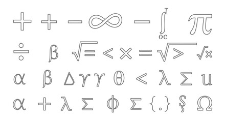 Collection of mathematical symbols, including plus, minus, infinity, pi, division, square root, less than, equal to, greater than, Greek letters, summation, and brackets.