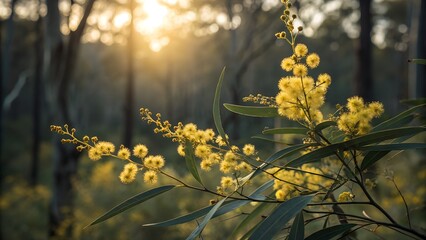 Golden wattle flowers illuminated from behind by afternoon sun in dense bushland, vibrant yellow blossoms glowing against dark green foliage, stems detailed with fine textures, soft haze creating drea