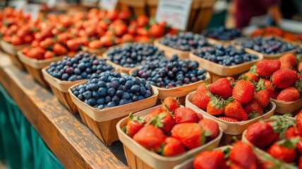 Baskets of ripe strawberries and blueberries draw customers at a busy farmers market.