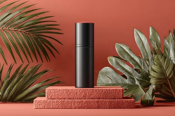 Black lip balm tube mockup coral base palm leaves  
