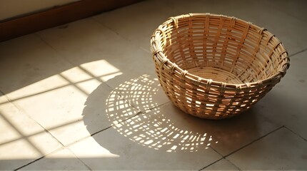 Fototapeta premium A handmade woven basket sits empty on a tiled floor, with beautiful window grid shadows cast by the warm afternoon sun.