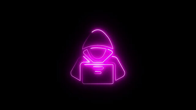 Glowing neon hacker icon isolated on black background. HD Video motion graphic animation hacker motion video.