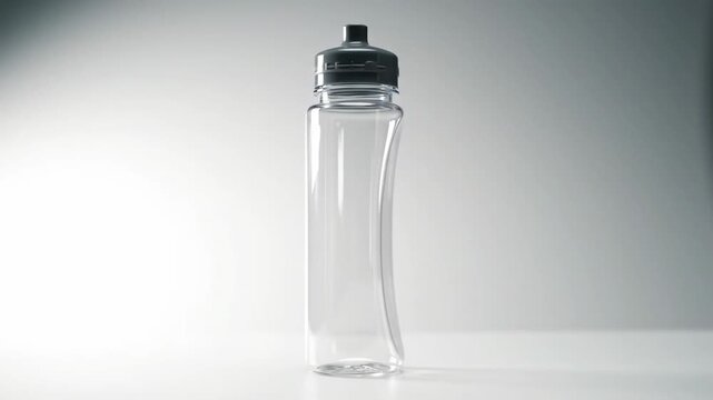 Clear, square plastic bottle with a black cap, standing upright on a white surface against a blurred, light gray background.
