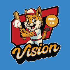 Cute Linx baseball player smiling confidently while holding a bat in cartoon illustration