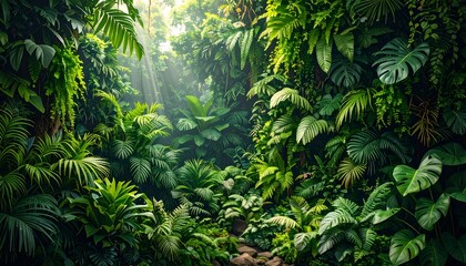Lush green tropical plant wall, indoor jungle. Nature backdrop, design idea. Nature and eco living concept. Detailed high quality image.