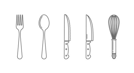 Five kitchen utensils in a row: a fork, a spoon, two knives, and a whisk, all outlined in black on a white background.