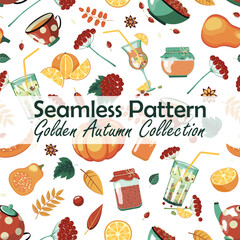 Seamless Autumn Pattern with Pumpkins, Rose Hips, Orange Tea, Mulled Wine, and Cozy Seasonal Elements