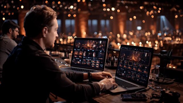 Video editor working with two laptops during a live show