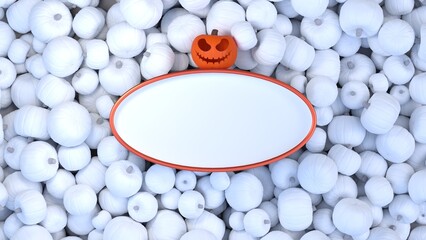 une jack-o-lantern et plein de citrouilles blanches autour d'un cadre blanc, vus de dessus - rendu 3D
