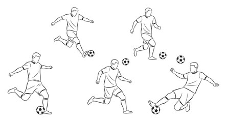Outline illustrations of soccer players in various dynamic actions with a soccer ball.