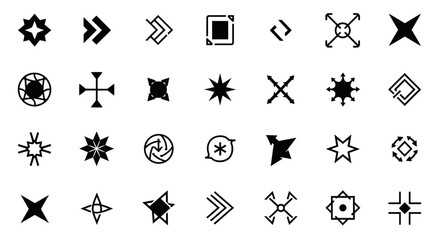 A collection of various black and white geometric shapes and symbols arranged in a grid.