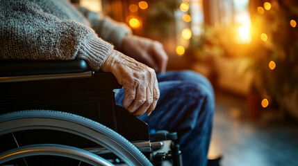 Close-up of elderly caregiverâs hands adjusting wheelchair footrest with love, cozy indoor lighting