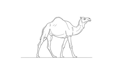 A monochrome line drawing depicts a single-humped camel walking across a plain white background.