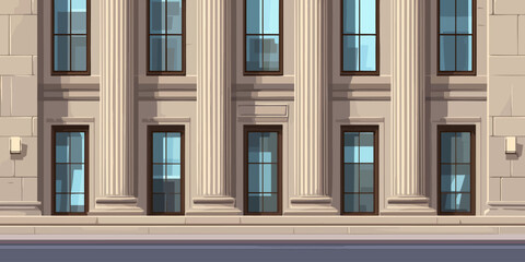 Fototapeta premium Illustrated classical building facade with grand fluted columns and symmetrical windows.