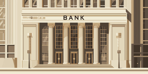Stylized illustration of a grand bank building facade with classical ionic columns and a prominent sign.