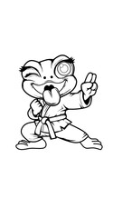 A cartoon illustration of a frog wearing a karate gi and holding a peace hand pose with a funny facial expression and sticking out its tongue. The black and white drawing style with bold lines