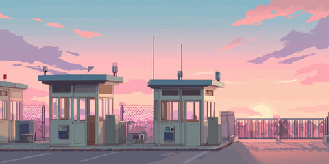 Anime-style pixel art of security checkpoint booths and a gate under a dreamy pastel sunset sky.