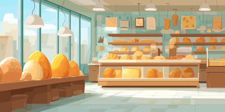 Charming illustrated bakery interior with fresh loaves of bread on wooden display shelves.