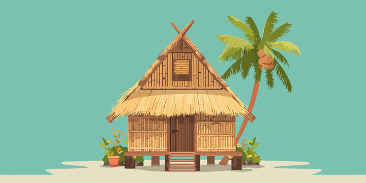 Stylized tropical bamboo hut with a thatched roof and stilt foundation.
