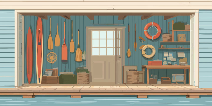 Rustic boathouse interior illustration with wooden oars, surfboards, and lifebuoys.