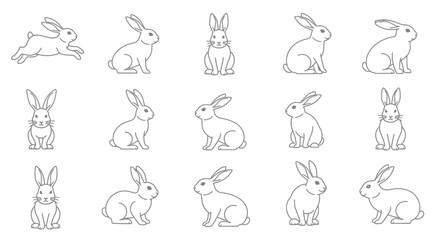Collection of simple line drawings of various poses of white rabbits.