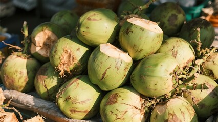 Naklejka premium Tropical coconut harvest at thai market fresh organic young coconuts with husk exotic fruit photography in nature