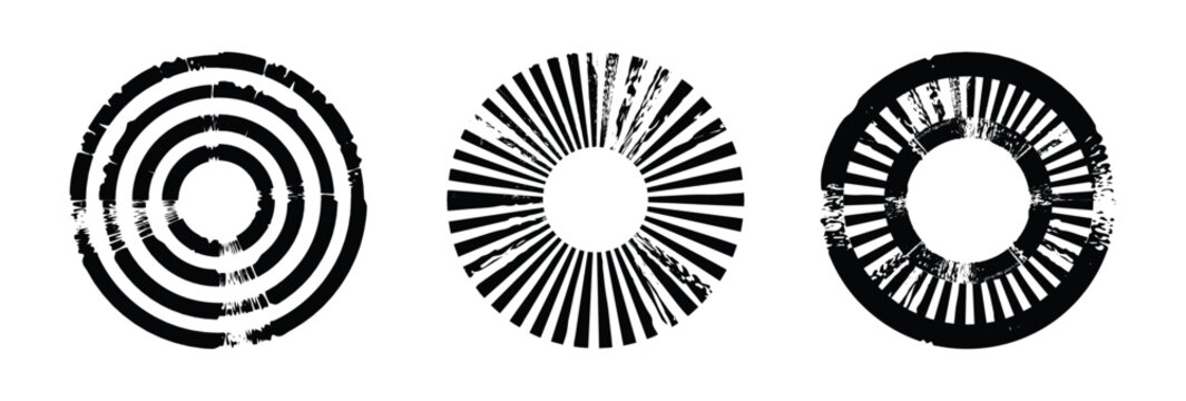 Abstract circular burst elements, grunge radiating line art set	