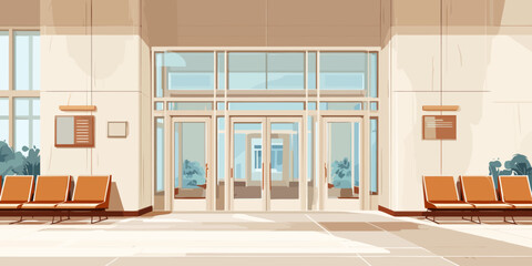 Bright and modern waiting room interior with orange chairs and large glass entrance doors, stylized vector illustration.
