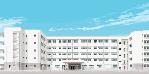 A clean, modern Japanese school building with a white facade and many windows, depicted in a flat vector art style.