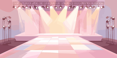 Empty pink fashion show runway with a tiled catwalk and bright spotlights illuminating the stage.