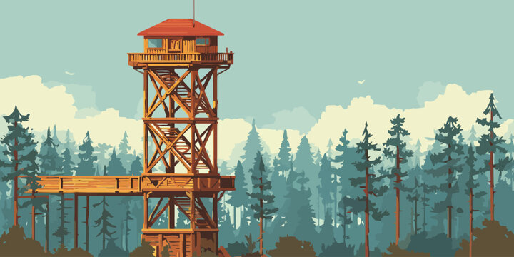Rustic wooden fire lookout tower with a red roof, observation deck, and multiple staircases.