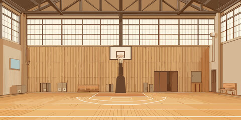 Vintage anime style illustration of an empty school gymnasium with a wooden basketball court, hoop, and large sunlit windows.
