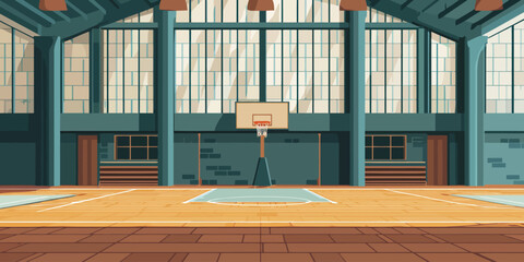 Stylized illustration of an empty indoor basketball court with a wooden floor, large windows, and a central hoop.