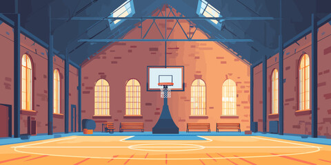 Sunlit Indoor Basketball Court in an Old Brick Gymnasium with Arched Windows.