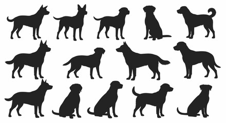 Silhouette collection of various dog breeds in different poses, including standing, sitting, and lying down.