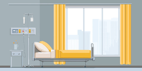 Modern hospital room interior with an empty bed, IV drip, and a window overlooking the city.