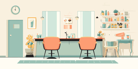 Modern hair salon interior with two orange styling chairs, mirrors, and shelves with beauty products. Flat vector illustration with a pastel color palette.