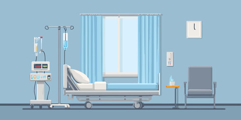 Vector illustration of a modern, empty hospital room with a bed, IV drip stand, and vital signs monitor.