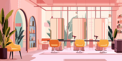 Chic hair salon interior with pink walls, modern yellow chairs, and large mirrors.