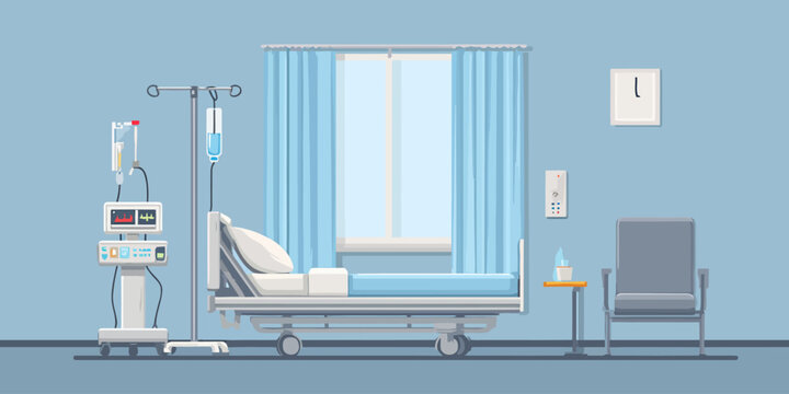 Vector illustration of a modern, empty hospital room with a bed, IV drip stand, and vital signs monitor.