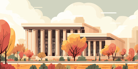 Stylized illustration of a majestic courthouse with columns, set in a warm, autumnal park landscape.