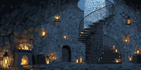 Dark medieval stone tower interior with a spiral staircase illuminated by warm candlelight.