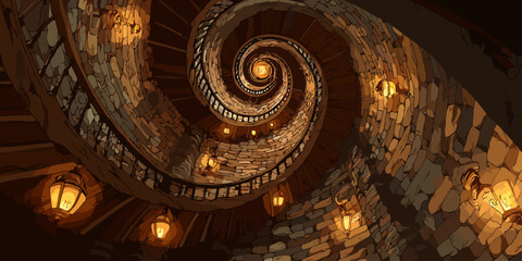 Obraz premium Illustrated upward view of a winding spiral stone staircase illuminated by warm glowing lanterns.
