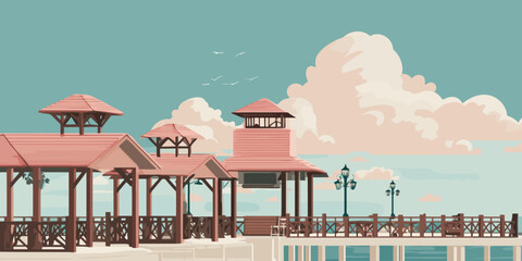 Stylized Vector Illustration of a Seaside Pier with Pink-Roofed Wooden Gazebos